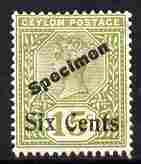Ceylon 1898 QV 6c on 15c sage-green overprinted SPECIMEN fine with gum SG 250s, stamps on , stamps on  stamps on , stamps on  stamps on  qv , stamps on  stamps on 