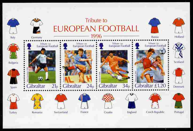 Gibraltar 1996 Football European Championship perf m/sheet unmounted mint SG MS775, stamps on , stamps on  stamps on football