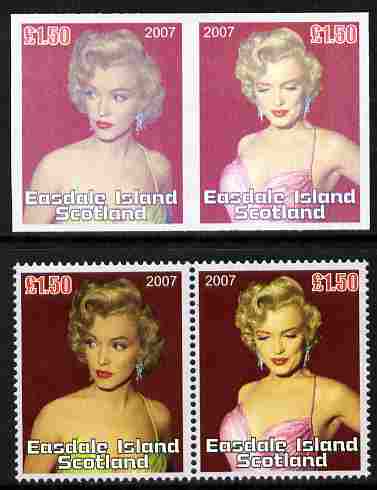 Easdale 2007 Marilyn Monroe A31.50 #1 imperf se-tenant pair with superb dry print with normal perf pair, both unmounted mint, stamps on , stamps on  stamps on personalities, stamps on  stamps on women, stamps on  stamps on films, stamps on  stamps on cinema, stamps on  stamps on movies, stamps on  stamps on marilyn, stamps on  stamps on  monroe