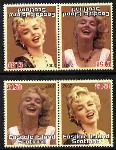 Easdale 2007 Marilyn Monroe \A31.50 #2 perf se-tenant pair with images transposed and Country, value & date inverted complete with normal pair, both unmounted mint, stamps on personalities, stamps on women, stamps on films, stamps on cinema, stamps on movies, stamps on marilyn, stamps on  monroe