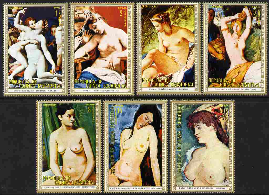 Equatorial Guinea 1973 Nude Paintings - European Masterpieces perf set of 7 unmounted mint M1 267-73, stamps on arts, stamps on nudes, stamps on manet, stamps on modigliani, stamps on 