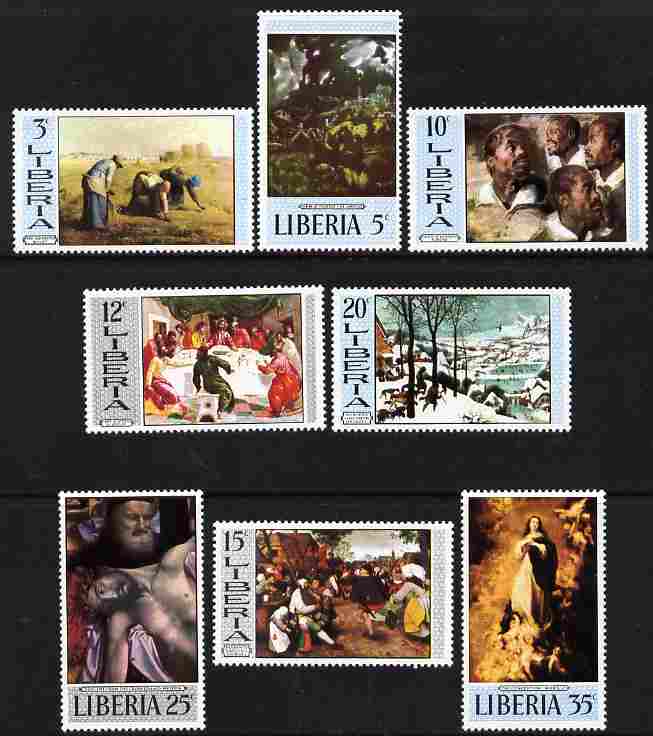 Liberia 1969 Paintings (2nd series) set of 8 unmounted mint, SG 1010-17 , stamps on , stamps on  stamps on arts, stamps on rubens, stamps on greco, stamps on brueghel, stamps on murillo, stamps on dancing, stamps on hunting