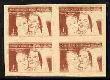Turkey 1966 Child Welfare 1L imperf proof block of 4 in brown with red omitted, reverse shows impressions of 25k value on ungummed paper similar to SG T1536 & T1571, stamps on children, stamps on nurses