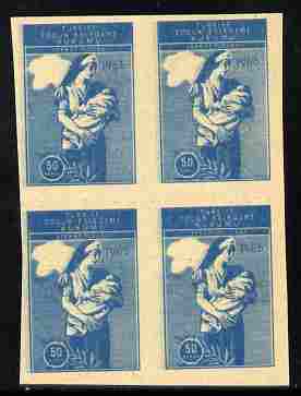 Turkey 1966 Child Welfare 50k imperf proof block of 4 in blue with impressions of 2.5k in green on other side on ungummed paper similar to SG T1572, stamps on , stamps on  stamps on children, stamps on  stamps on nurses