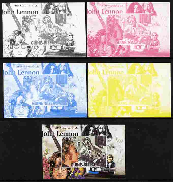 Guinea - Bissau 2010 John Lennon 70th Birth Anniversary #1 individual deluxe sheet - the set of 5 imperf progressive proofs comprising the 4 individual colours plus all 4..., stamps on personalities, stamps on beatles, stamps on music, stamps on rock, stamps on pops