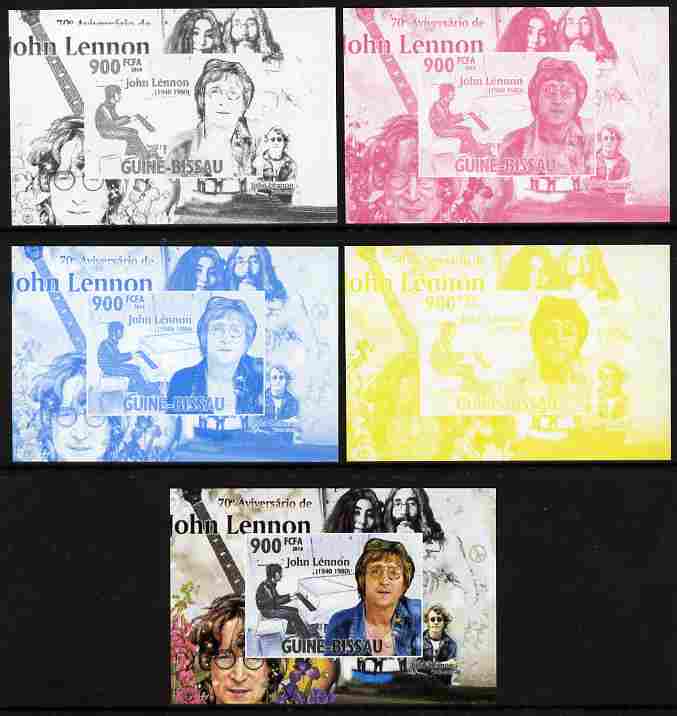 Guinea - Bissau 2010 John Lennon 70th Birth Anniversary #2 individual deluxe sheet - the set of 5 imperf progressive proofs comprising the 4 individual colours plus all 4..., stamps on personalities, stamps on beatles, stamps on music, stamps on rock, stamps on pops