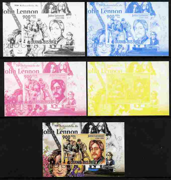 Guinea - Bissau 2010 John Lennon 70th Birth Anniversary #3 individual deluxe sheet - the set of 5 imperf progressive proofs comprising the 4 individual colours plus all 4..., stamps on personalities, stamps on beatles, stamps on music, stamps on rock, stamps on pops