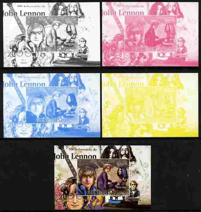 Guinea - Bissau 2010 John Lennon 70th Birth Anniversary #4 individual deluxe sheet - the set of 5 imperf progressive proofs comprising the 4 individual colours plus all 4-colour composite, unmounted mint , stamps on personalities, stamps on beatles, stamps on music, stamps on rock, stamps on pops