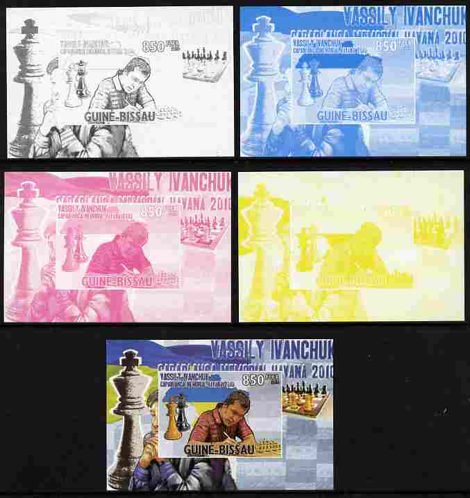 Guinea - Bissau 2010 Chess - Vassily Ivanchuk #1 individual deluxe sheet - the set of 5 imperf progressive proofs comprising the 4 individual colours plus all 4-colour co..., stamps on personalities, stamps on chess