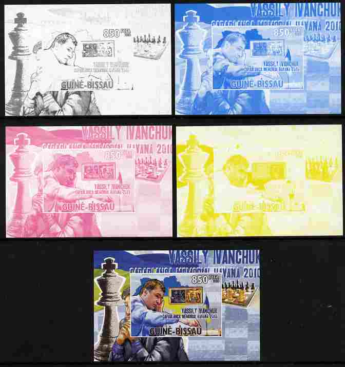 Guinea - Bissau 2010 Chess - Vassily Ivanchuk #2 individual deluxe sheet - the set of 5 imperf progressive proofs comprising the 4 individual colours plus all 4-colour composite, unmounted mint , stamps on personalities, stamps on chess