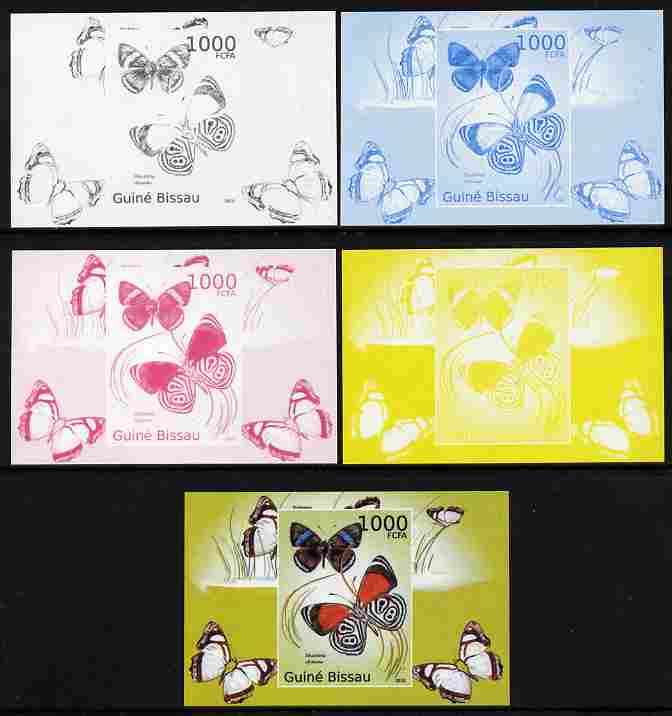Guinea - Bissau 2010 Butterflies #01 individual deluxe sheet - the set of 5 imperf progressive proofs comprising the 4 individual colours plus all 4-colour composite, unmounted mint , stamps on butterflies