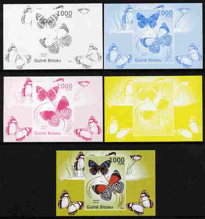 Guinea - Bissau 2010 Butterflies #01 individual deluxe sheet - the set of 5 imperf progressive proofs comprising the 4 individual colours plus all 4-colour composite, unm..., stamps on butterflies