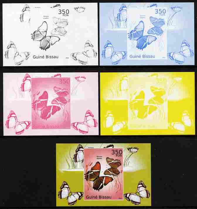 Guinea - Bissau 2010 Butterflies #02 individual deluxe sheet - the set of 5 imperf progressive proofs comprising the 4 individual colours plus all 4-colour composite, unmounted mint , stamps on butterflies