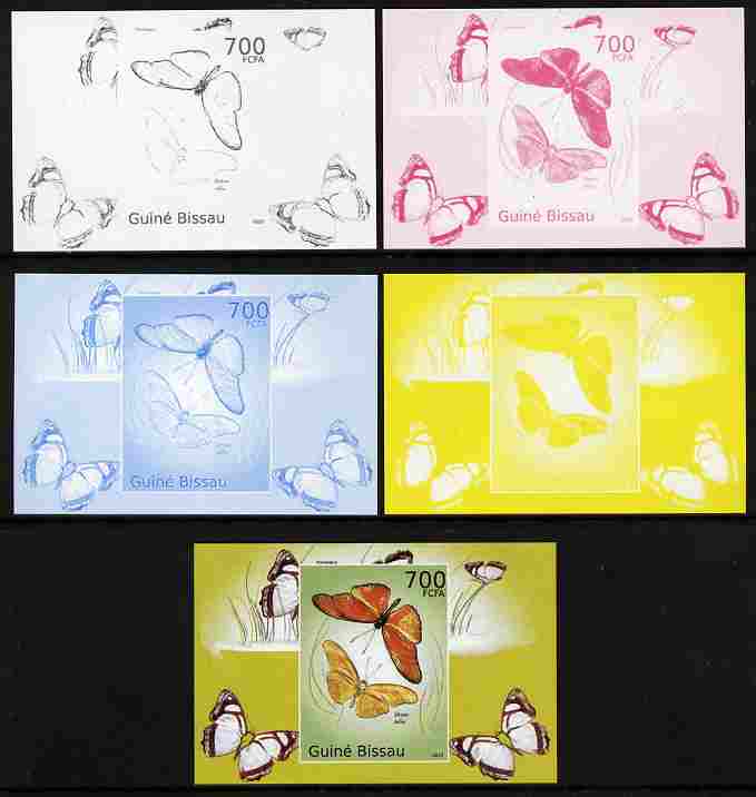 Guinea - Bissau 2010 Butterflies #05 individual deluxe sheet - the set of 5 imperf progressive proofs comprising the 4 individual colours plus all 4-colour composite, unmounted mint , stamps on butterflies