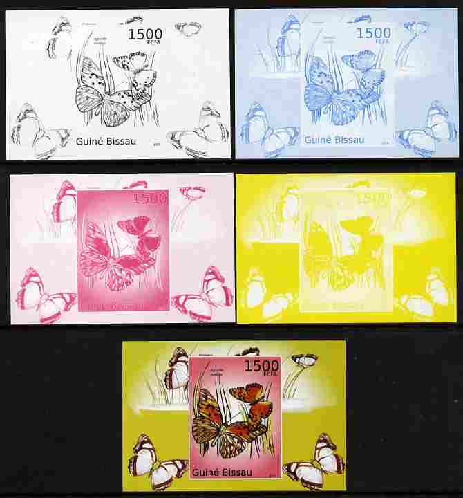 Guinea - Bissau 2010 Butterflies #08 individual deluxe sheet - the set of 5 imperf progressive proofs comprising the 4 individual colours plus all 4-colour composite, unm..., stamps on butterflies