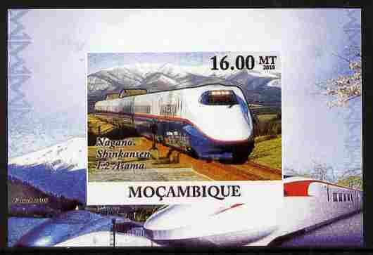 Mozambique 2010 Japanese High Speed Trains #1 individual imperf deluxe sheet unmounted mint. Note this item is privately produced and is offered purely on its thematic ap..., stamps on railways