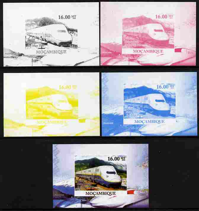 Mozambique 2010 Japanese High Speed Trains #2 individual deluxe sheet - the set of 5 imperf progressive proofs comprising the 4 individual colours plus all 4-colour compo..., stamps on railways