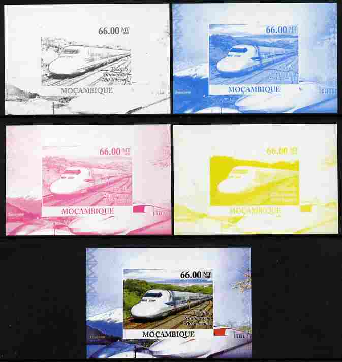 Mozambique 2010 Japanese High Speed Trains #3 individual deluxe sheet - the set of 5 imperf progressive proofs comprising the 4 individual colours plus all 4-colour compo..., stamps on railways