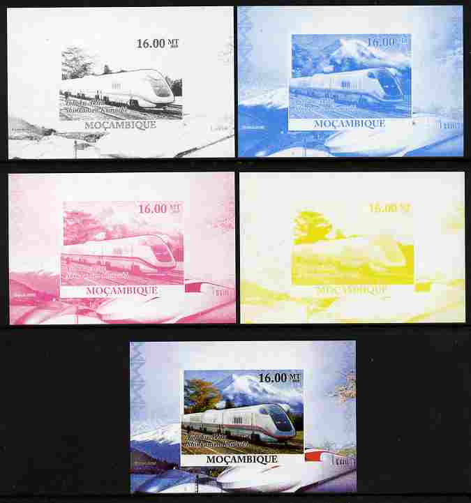 Mozambique 2010 Japanese High Speed Trains #4 individual deluxe sheet - the set of 5 imperf progressive proofs comprising the 4 individual colours plus all 4-colour composite, unmounted mint , stamps on , stamps on  stamps on railways