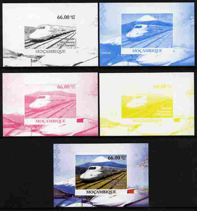 Mozambique 2010 Japanese High Speed Trains #5 individual deluxe sheet - the set of 5 imperf progressive proofs comprising the 4 individual colours plus all 4-colour compo..., stamps on railways