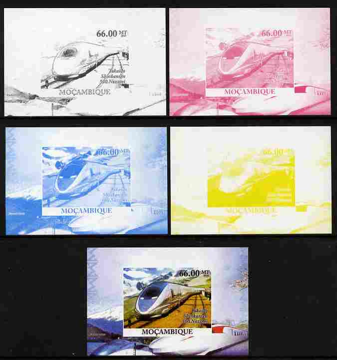 Mozambique 2010 Japanese High Speed Trains #6 individual deluxe sheet - the set of 5 imperf progressive proofs comprising the 4 individual colours plus all 4-colour composite, unmounted mint , stamps on railways
