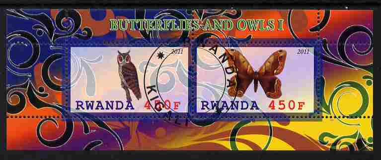 Rwanda 2011 Butterflies & Owls #1 perf sheetlet containing 2 values fine cto used, stamps on , stamps on  stamps on butterflies, stamps on  stamps on owls, stamps on  stamps on birds, stamps on  stamps on birds of prey