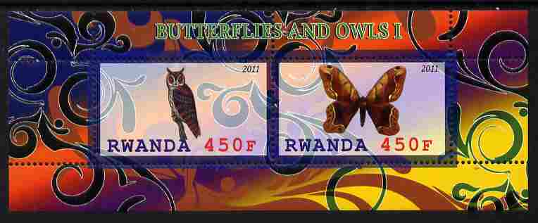 Rwanda 2011 Butterflies & Owls #1 perf sheetlet containing 2 values unmounted mint, stamps on , stamps on  stamps on butterflies, stamps on  stamps on owls, stamps on  stamps on birds, stamps on  stamps on birds of prey