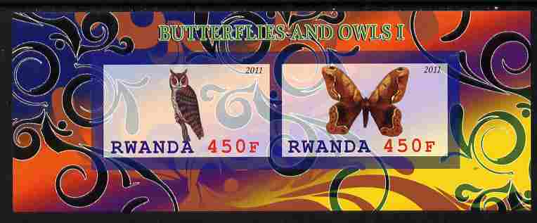 Rwanda 2011 Butterflies & Owls #1 imperf sheetlet containing 2 values unmounted mint, stamps on , stamps on  stamps on butterflies, stamps on  stamps on owls, stamps on  stamps on birds, stamps on  stamps on birds of prey