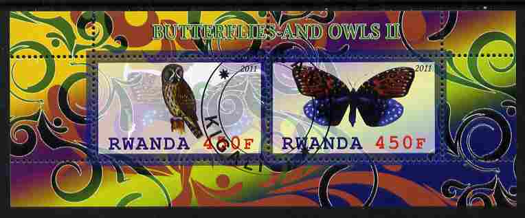 Rwanda 2011 Butterflies & Owls #2 perf sheetlet containing 2 values fine cto used, stamps on butterflies, stamps on owls, stamps on birds, stamps on birds of prey