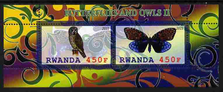 Rwanda 2011 Butterflies & Owls #2 perf sheetlet containing 2 values unmounted mint, stamps on , stamps on  stamps on butterflies, stamps on  stamps on owls, stamps on  stamps on birds, stamps on  stamps on birds of prey