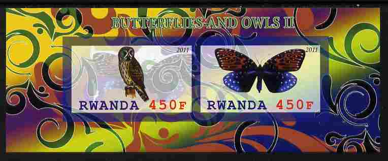 Rwanda 2011 Butterflies & Owls #2 imperf sheetlet containing 2 values unmounted mint, stamps on , stamps on  stamps on butterflies, stamps on  stamps on owls, stamps on  stamps on birds, stamps on  stamps on birds of prey