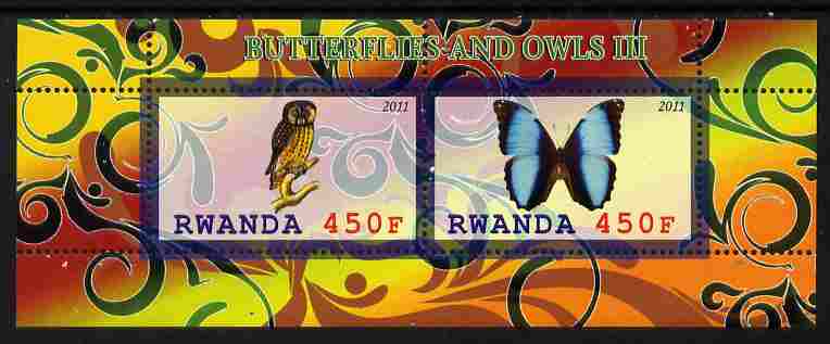 Rwanda 2011 Butterflies & Owls #3 perf sheetlet containing 2 values unmounted mint, stamps on , stamps on  stamps on butterflies, stamps on  stamps on owls, stamps on  stamps on birds, stamps on  stamps on birds of prey
