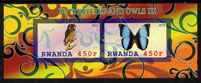 Rwanda 2011 Butterflies & Owls #3 imperf sheetlet containing 2 values unmounted mint, stamps on , stamps on  stamps on butterflies, stamps on  stamps on owls, stamps on  stamps on birds, stamps on  stamps on birds of prey