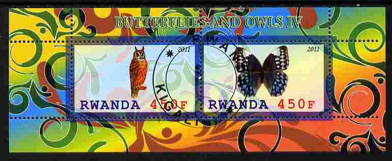Rwanda 2011 Butterflies & Owls #4 perf sheetlet containing 2 values fine cto used, stamps on butterflies, stamps on owls, stamps on birds, stamps on birds of prey