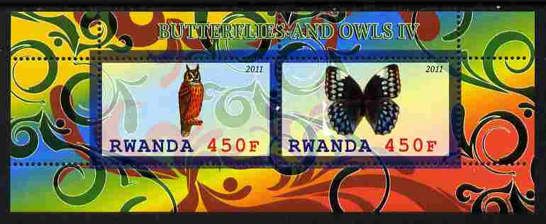 Rwanda 2011 Butterflies & Owls #4 perf sheetlet containing 2 values unmounted mint, stamps on , stamps on  stamps on butterflies, stamps on  stamps on owls, stamps on  stamps on birds, stamps on  stamps on birds of prey