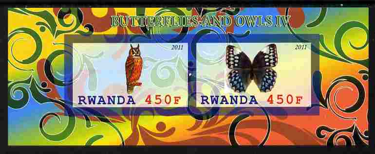 Rwanda 2011 Butterflies & Owls #4 imperf sheetlet containing 2 values unmounted mint, stamps on , stamps on  stamps on butterflies, stamps on  stamps on owls, stamps on  stamps on birds, stamps on  stamps on birds of prey