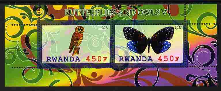 Rwanda 2011 Butterflies & Owls #5 perf sheetlet containing 2 values unmounted mint, stamps on butterflies, stamps on owls, stamps on birds, stamps on birds of prey