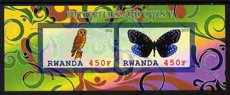 Rwanda 2011 Butterflies & Owls #5 imperf sheetlet containing 2 values unmounted mint, stamps on , stamps on  stamps on butterflies, stamps on  stamps on owls, stamps on  stamps on birds, stamps on  stamps on birds of prey