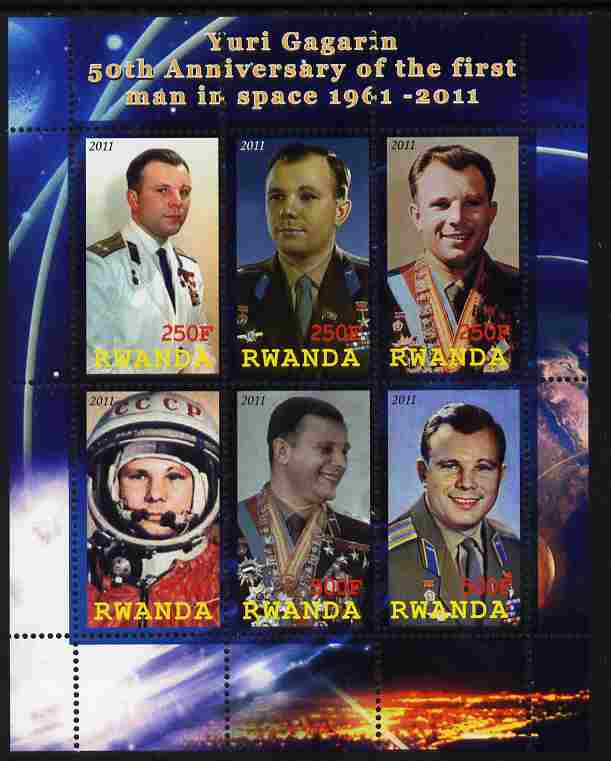 Rwanda 2011 50th Anniversary of First Man in Space perf sheetlet containing 6 values unmounted mint, stamps on personalities, stamps on space