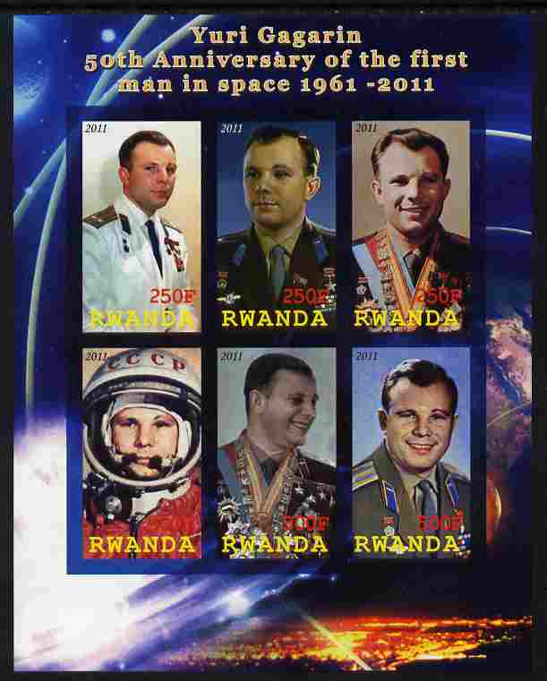 Rwanda 2011 50th Anniversary of First Man in Space imperf sheetlet containing 6 values unmounted mint, stamps on personalities, stamps on space