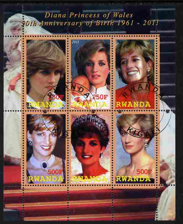 Rwanda 2011 50th Birth Anniversary of Princess Diana perf sheetlet containing 6 values fine cto used, stamps on personalities, stamps on royalty, stamps on diana