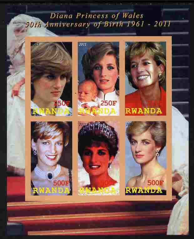 Rwanda 2011 50th Birth Anniversary of Princess Diana imperf sheetlet containing 6 values unmounted mint, stamps on , stamps on  stamps on personalities, stamps on  stamps on royalty, stamps on  stamps on diana