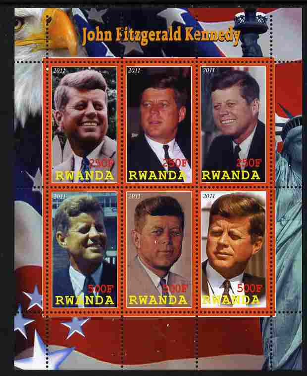 Rwanda 2011 John F Kennedy perf sheetlet containing 6 values unmounted mint, stamps on , stamps on  stamps on personalities, stamps on  stamps on kennedy, stamps on  stamps on flags, stamps on  stamps on usa presidents, stamps on  stamps on americana, stamps on  stamps on statue of liberty