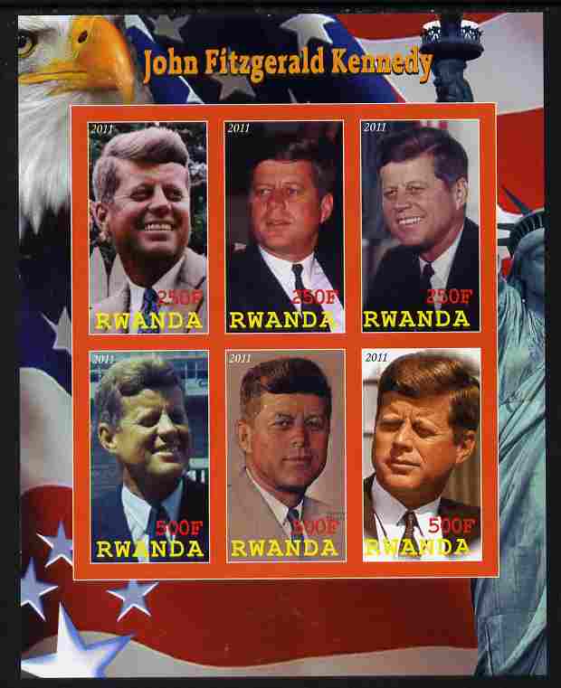 Rwanda 2011 John F Kennedy imperf sheetlet containing 6 values unmounted mint, stamps on personalities, stamps on kennedy, stamps on flags, stamps on usa presidents, stamps on americana, stamps on statue of liberty