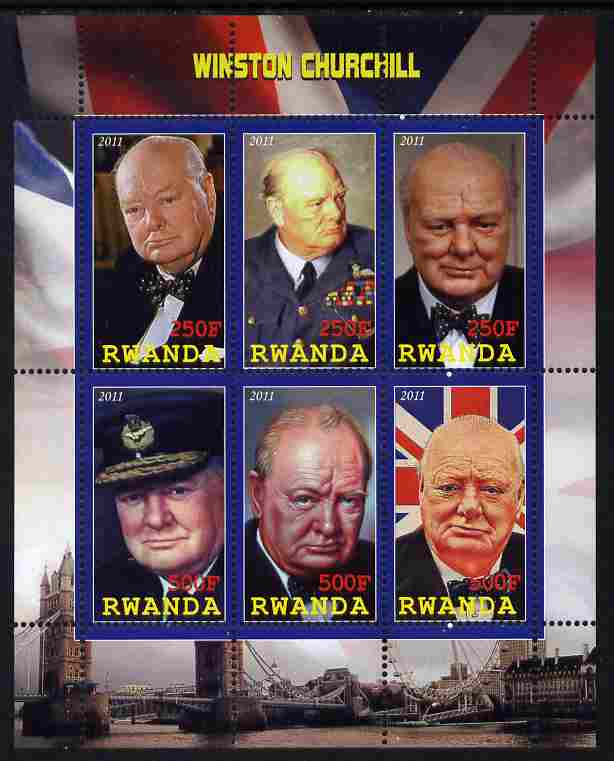 Rwanda 2011 Winston Churchill perf sheetlet containing 6 values unmounted mint, stamps on , stamps on  stamps on personalities, stamps on  stamps on churchill, stamps on  stamps on london, stamps on  stamps on bridges