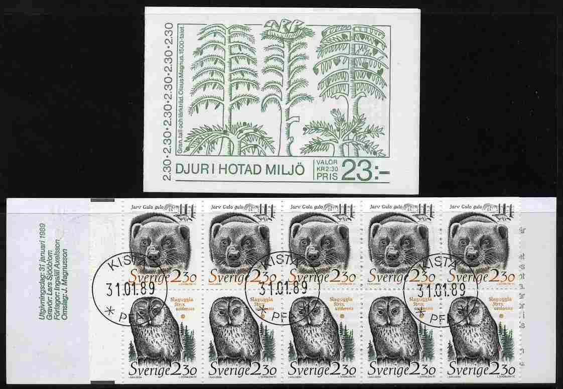 Sweden 1989 Animals in Threatened Habitats 23k booklet complete with first day cancels, SG SB414, stamps on animals, stamps on environment, stamps on wolverine, stamps on owls, stamps on birds of prey, stamps on trees, stamps on  wwf , stamps on 
