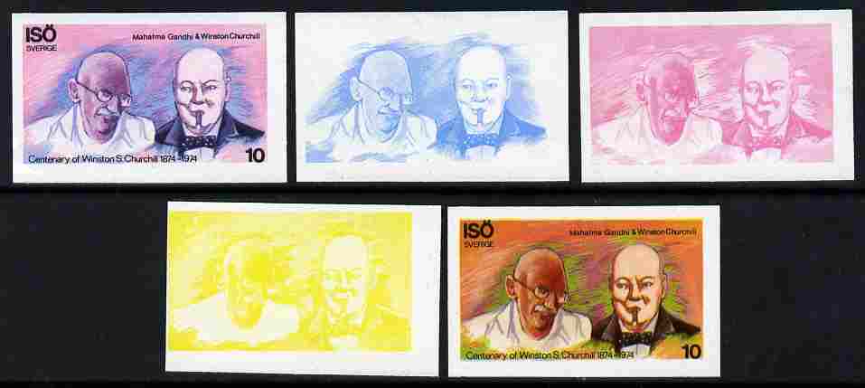 Iso - Sweden 1974 Churchill Birth Centenary 10 (with Gandih) set of 5 imperf progressive colour proofs comprising 3 individual colours (red, blue & yellow) plus 3 and all 4-colour composites unmounted mint, stamps on , stamps on  stamps on personalities, stamps on  stamps on churchill, stamps on  stamps on constitutions, stamps on  stamps on  ww2 , stamps on  stamps on masonry, stamps on  stamps on masonics, stamps on  stamps on gandhi