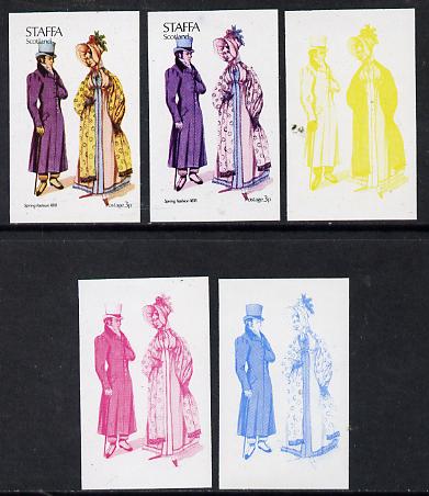 Staffa 1974 Costumes 3p (Spring Fashion 1818) set of 5 imperf progressive colour proofs comprising 3 individual colours (red, blue & yellow) plus 3 and all 4-colour compo..., stamps on costumes