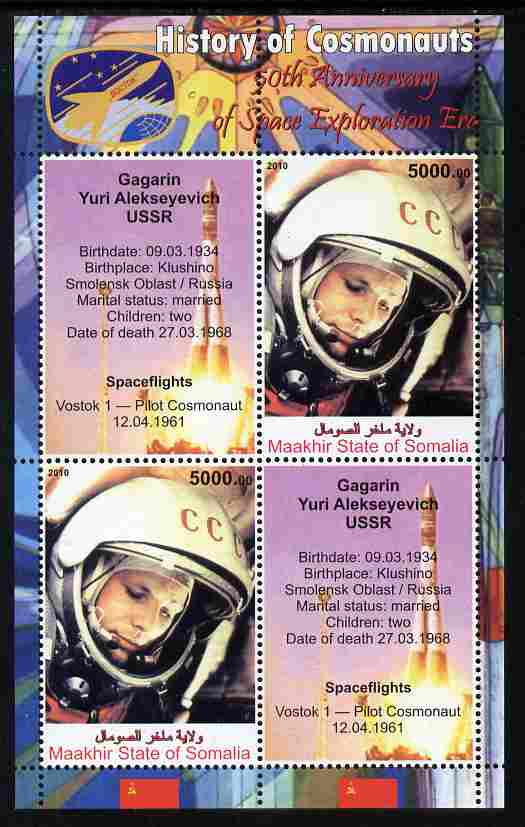 Maakhir State of Somalia 2010 50th Anniversary of Space Exploration #04 - Yuri Gagarin perf sheetlet containing 2 values plus 2 labels unmounted mint , stamps on personalities, stamps on space, stamps on rockets