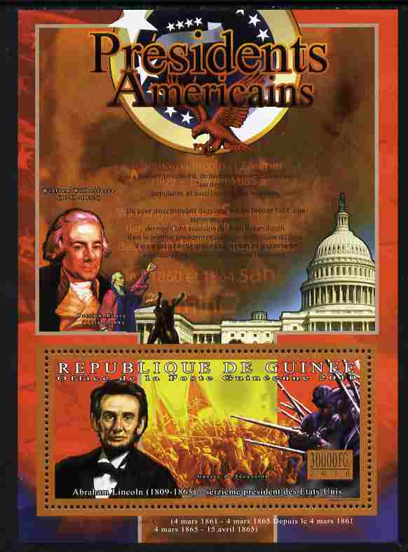 Guinea - Conakry 2010-11 Presidents of the USA #16 - Abraham Lincoln perf souvenir sheet unmounted mint , stamps on , stamps on  stamps on americana, stamps on  stamps on usa presidents, stamps on  stamps on lincoln, stamps on  stamps on constitutions, stamps on  stamps on militaria